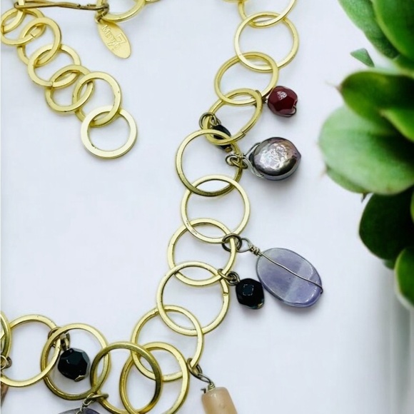 Tahitian Freshwater Pearl Amethyst Gold Tone Chain Charm Statement Necklace - Picture 2 of 4